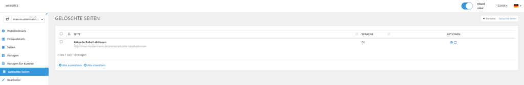 Ansicht der gel&ouml;schten Seiten